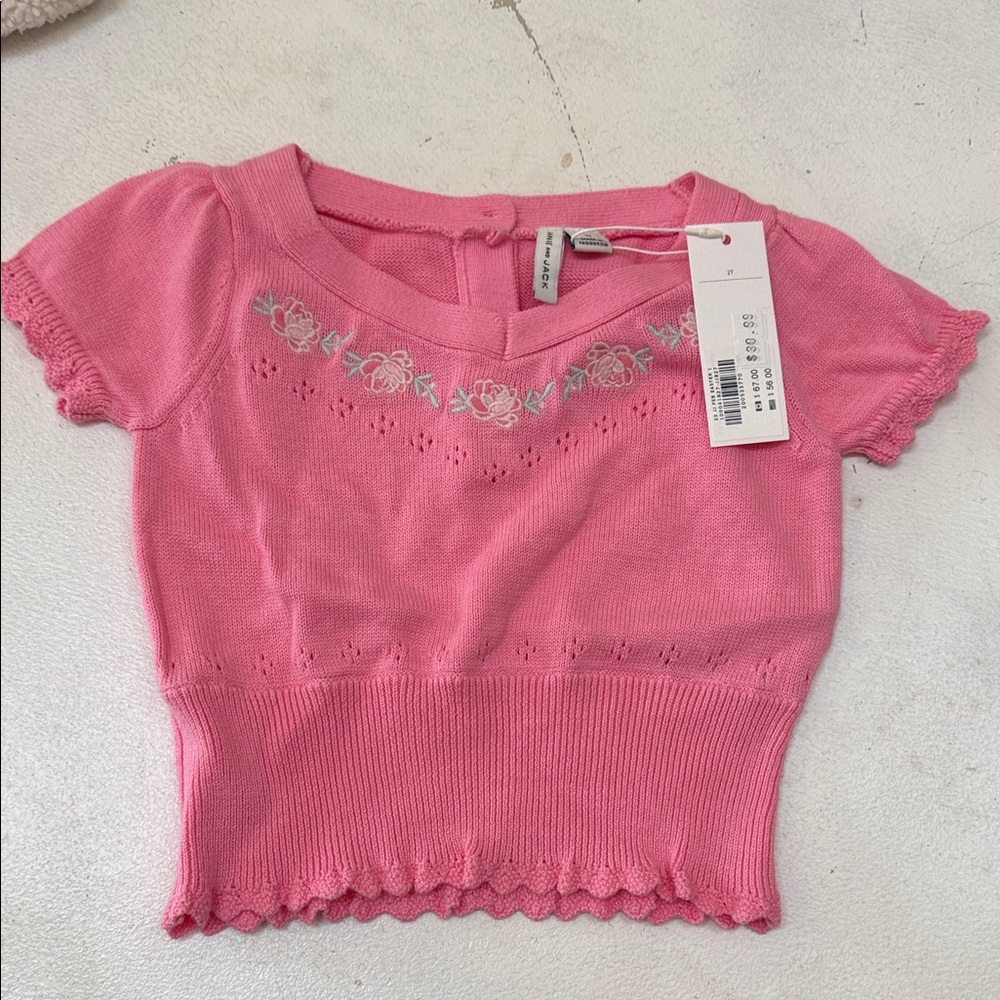 Janie and Jack  Pink Cropped Knit Top with Floral Embroidery 2t NWT